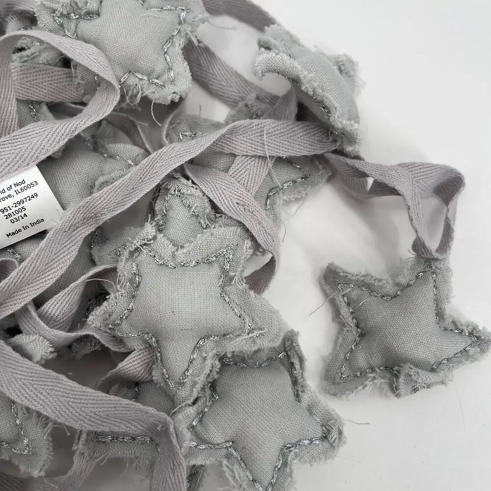 LAND OF NOD Star Garland Raw Fabric Hem Silver Gray Holiday Christmas New Years